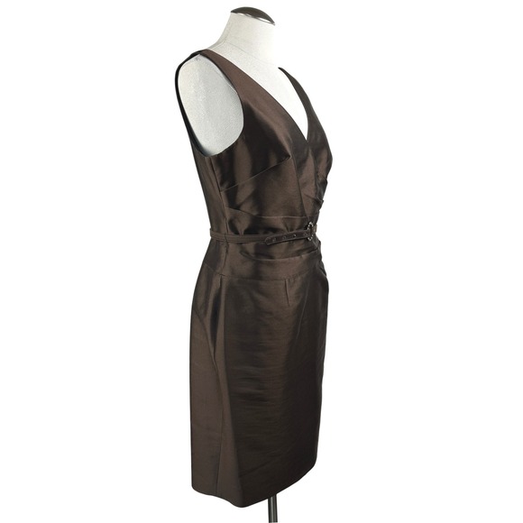 Kay Unger New York Women's Dress 10 Brown Silk Blend Sleeveless Belted Sheath - Picture 4 of 12
